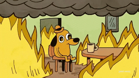 yes, it's the "this is fine" meme - a dog sits at a table, in a room on fire, saying "this is fine"